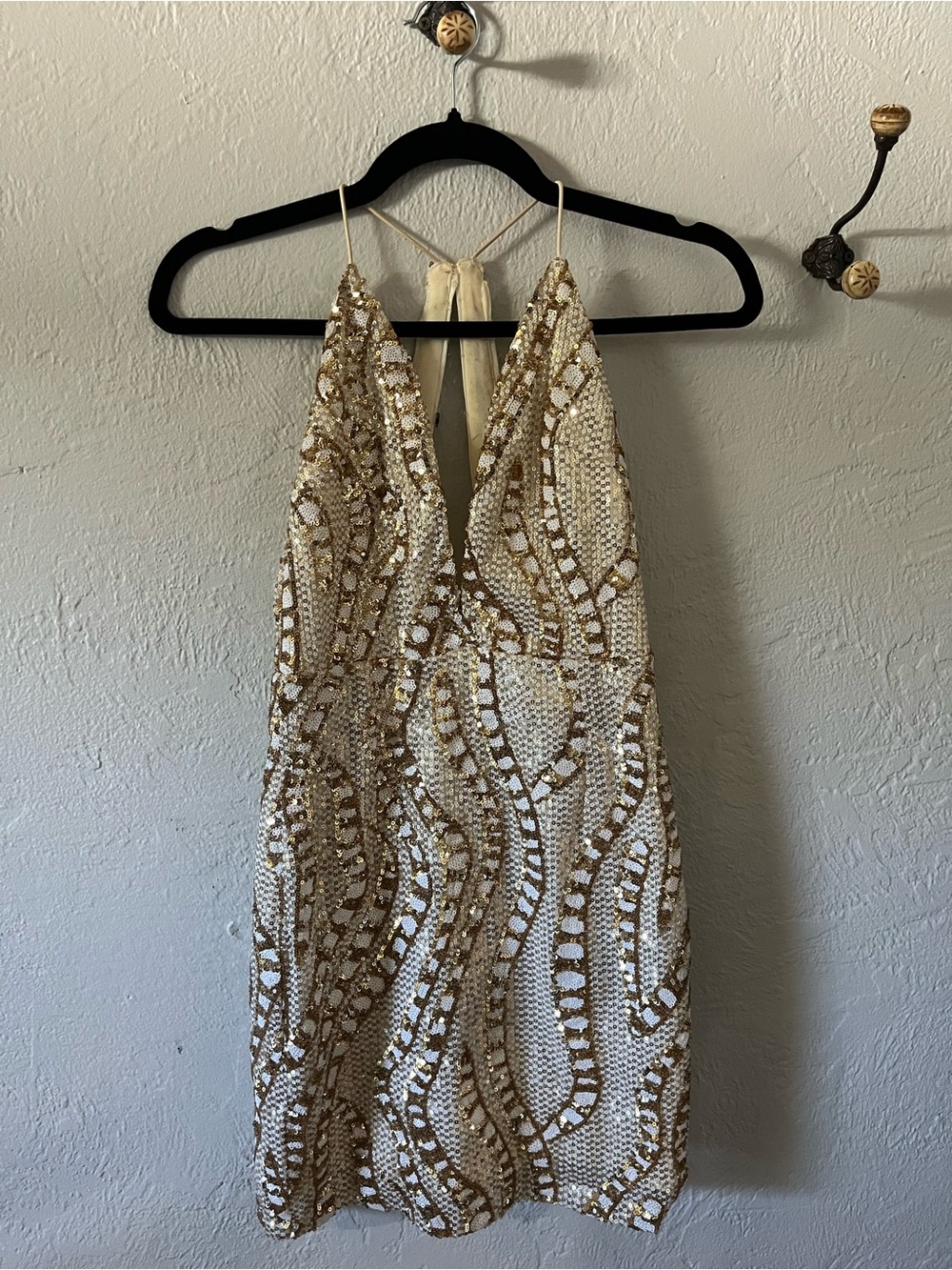 Luxxel White and Gold Beaded Halter Mini Dress